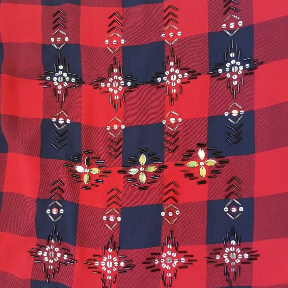 J Crew Navy Blue Red Checkered Sequin Beaded Shirt - Picture 3 of 10